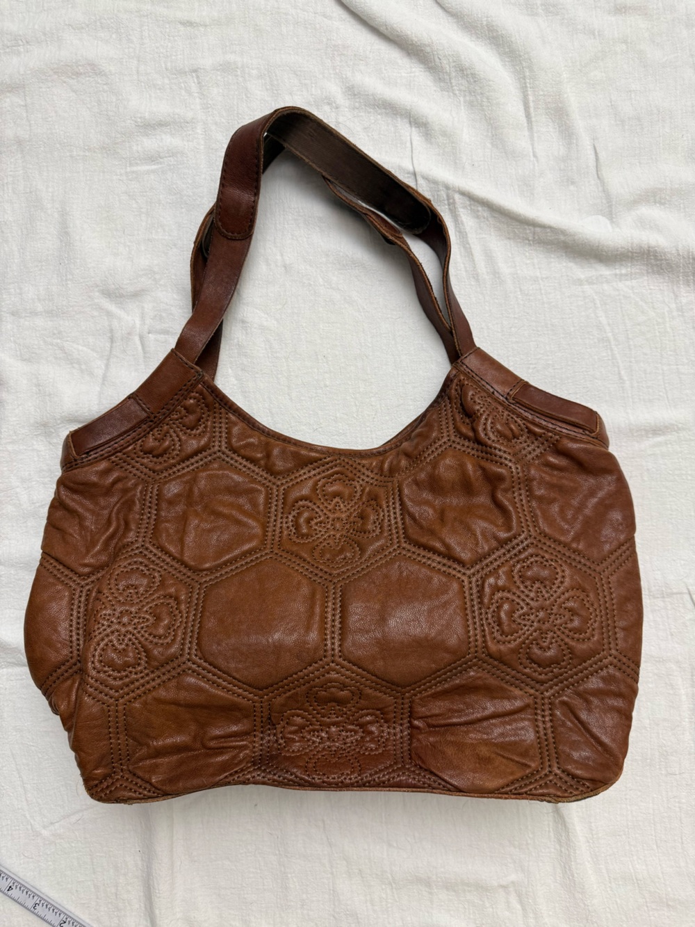 Lucky Brand Brown Lamb’s Leather Shoulder Bag with Hex Quilted Stiching
